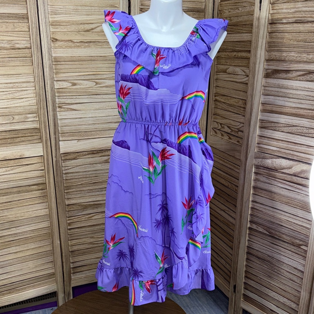 Casual Wear Dress Sun Made Hawaii Rainbow Wrap Ruffled Sleeves Vintage Size XL